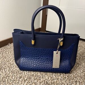 NWT - Nicoli Cobalt Blue Genuine Leather Tote Croc Embossed Italy